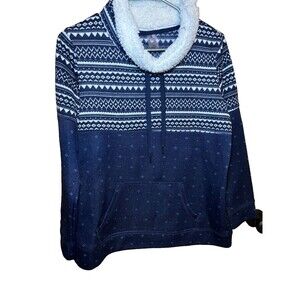 St. Johns Bay Blue Fair Isle Sherpa Lined Cowl Neckline  Pullover Sweater Size M
